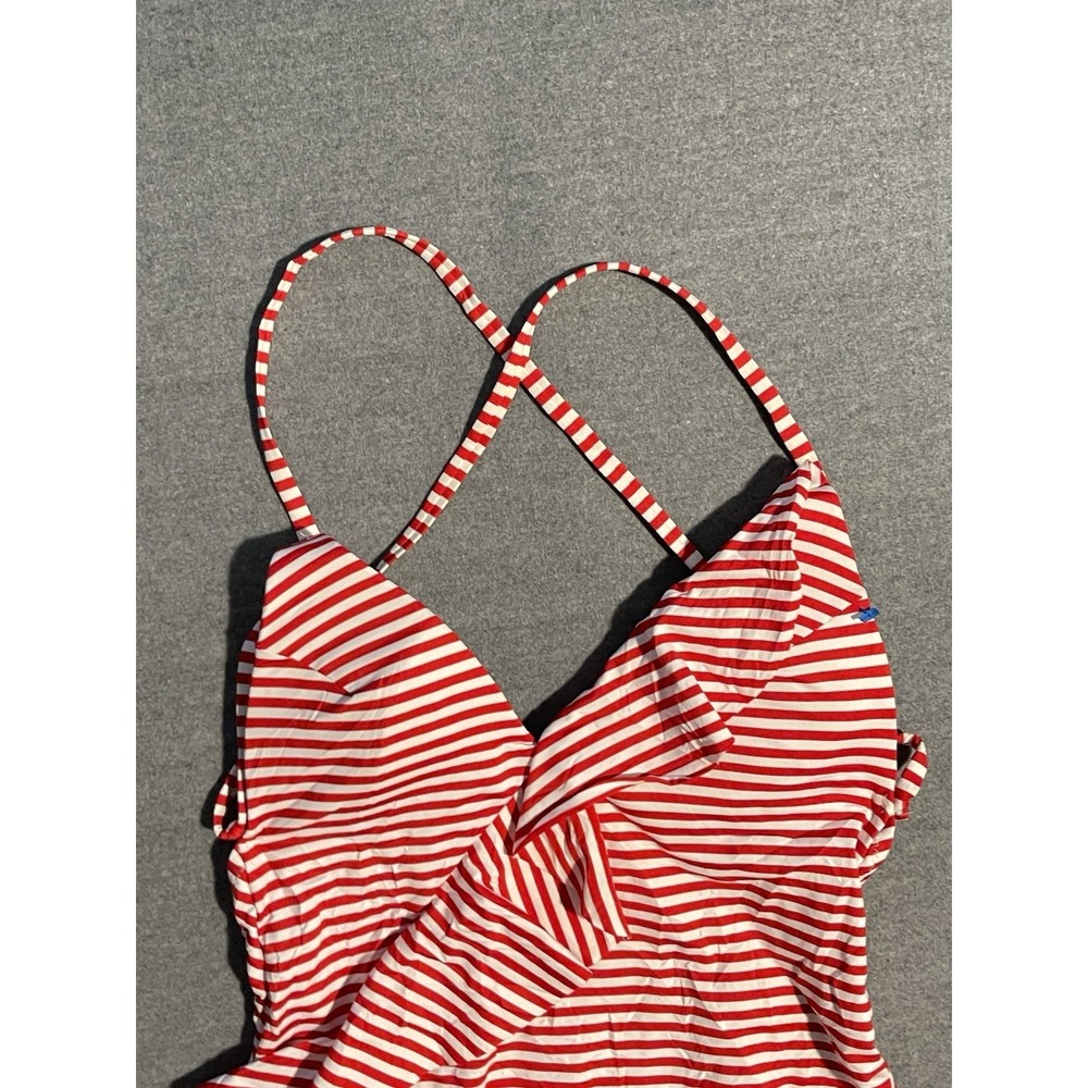 Red White Striped One Piece Swimsuit Ruffle Front Criss Cross Back Summer Swim - Picture 3 of 5